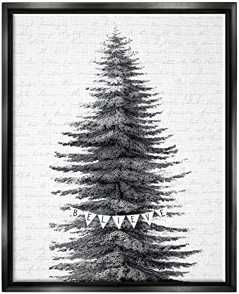 Stupell Industries заснежените върхове на Коледно дърво с надпис Believe Holiday Word Design, Дизайн с надпис и подплата, Черна рамка-гаф, 16 x 20